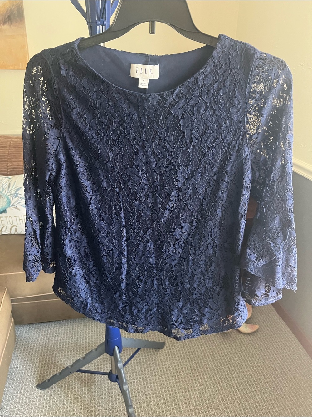 ELLE Blue Floral Lace Sheer Round Neck 3/4 Bell Sleeve Pullover Blouse M # 401